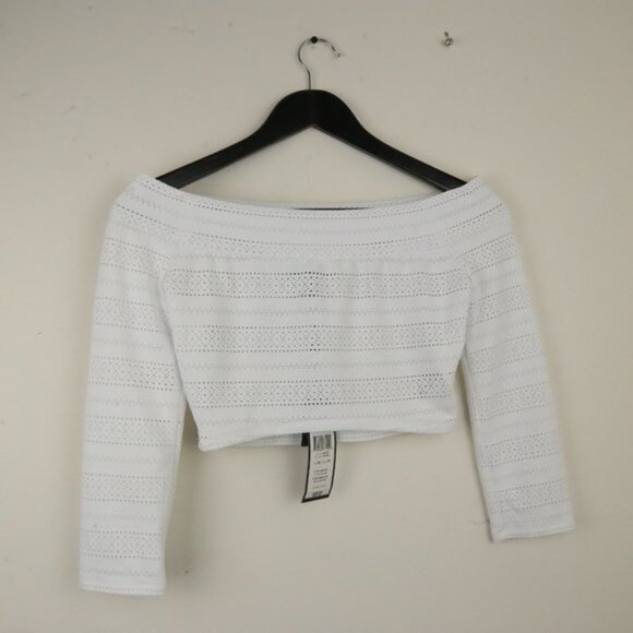 BCBGMAXAZRIA Bettie Eyelet Cropped Off the Shoulder White Top - Picture 7 of 7